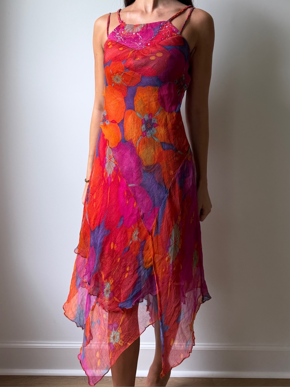 Vintage Ishwar Y2K Fairy Dress Crinkle Chiffon Poppy Print Handkerchief Hem